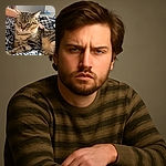A cozy tabby cat lounging on a polka-dot patterned blanket, looking a bit pensive while someone gently pets it in the background. The soft natural lighting highlights the cat's fur texture and relaxed vibe.
