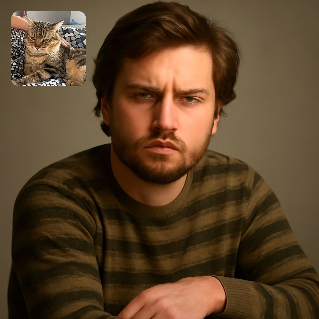 A cozy tabby cat lounging on a polka-dot patterned blanket, looking a bit pensive while someone gently pets it in the background. The soft natural lighting highlights the cat's fur texture and relaxed vibe.