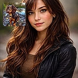 A dapper dachshund puppy strikes a heroic pose on a muddy, leaf-strewn riverbank — ears fluffed, curious snout forward and a shiny collar tag jingling. The calm stream and bare trees blur into a peaceful autumn backdrop while the pup steals the spotlight like it owns the whole forest.