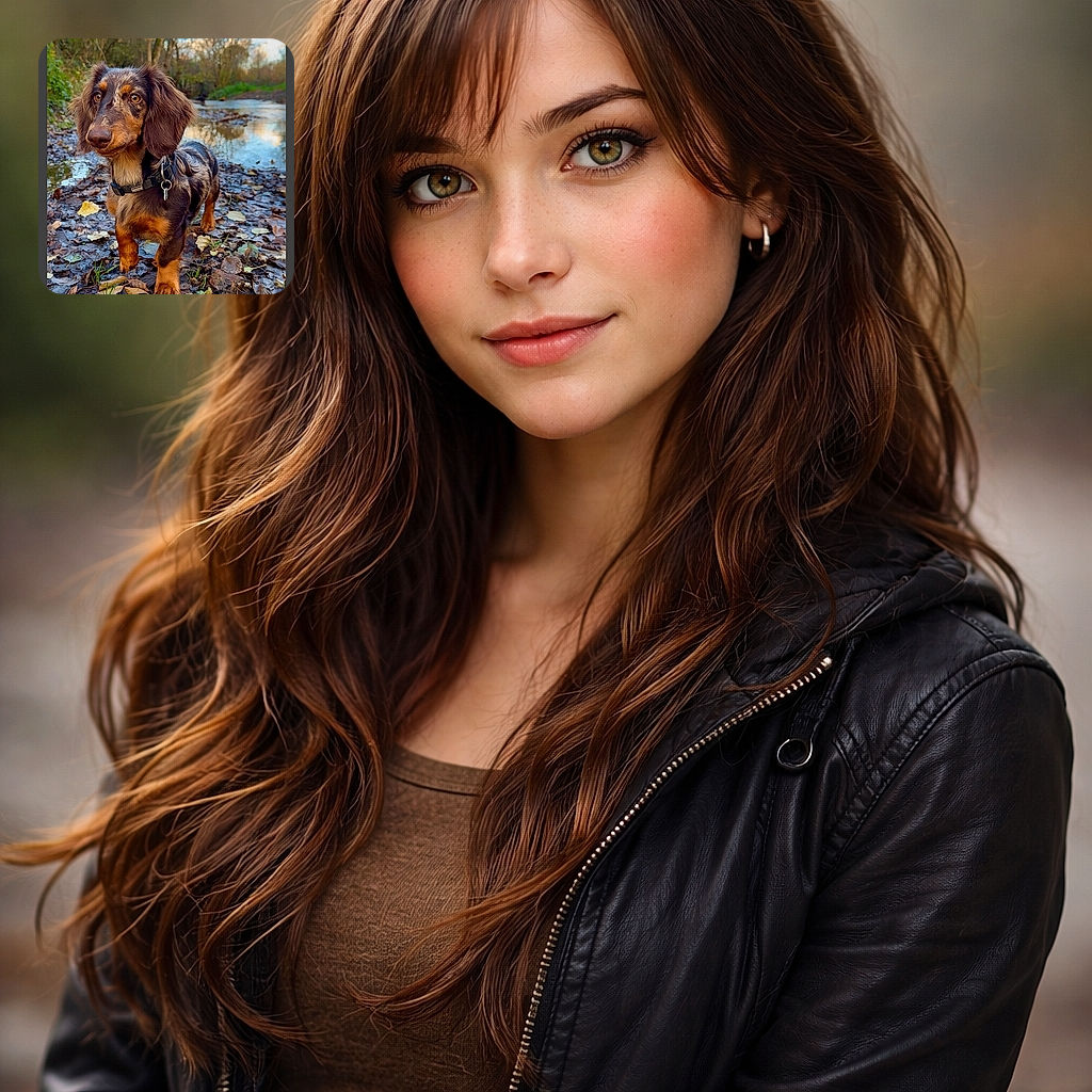 A dapper dachshund puppy strikes a heroic pose on a muddy, leaf-strewn riverbank — ears fluffed, curious snout forward and a shiny collar tag jingling. The calm stream and bare trees blur into a peaceful autumn backdrop while the pup steals the spotlight like it owns the whole forest.