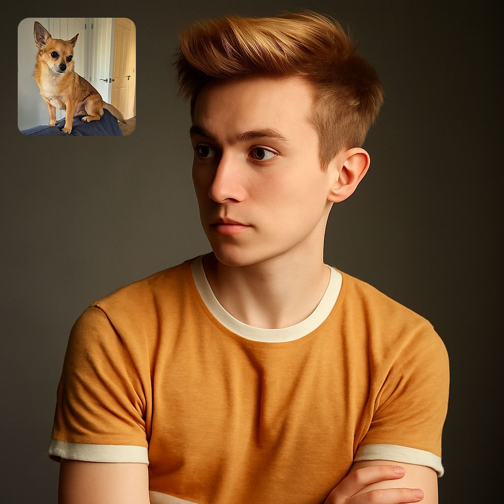 A small tan dog with large, expressive eyes sits perched on the back of a blue couch, looking off to the side with a thoughtful expression. The background shows a softly lit room with white doors and neutral walls, giving a cozy indoor vibe.