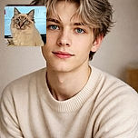 A fluffy, blue-eyed cat sits adorably in front of a computer screen, looking curiously at the camera with an expression that screams 'I'm the real boss here.' Two tiny cat figurines perched on top of the monitor add a whimsical touch to this cozy workspace scene.