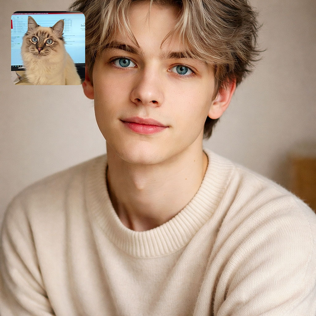 A fluffy, blue-eyed cat sits adorably in front of a computer screen, looking curiously at the camera with an expression that screams 'I'm the real boss here.' Two tiny cat figurines perched on top of the monitor add a whimsical touch to this cozy workspace scene.