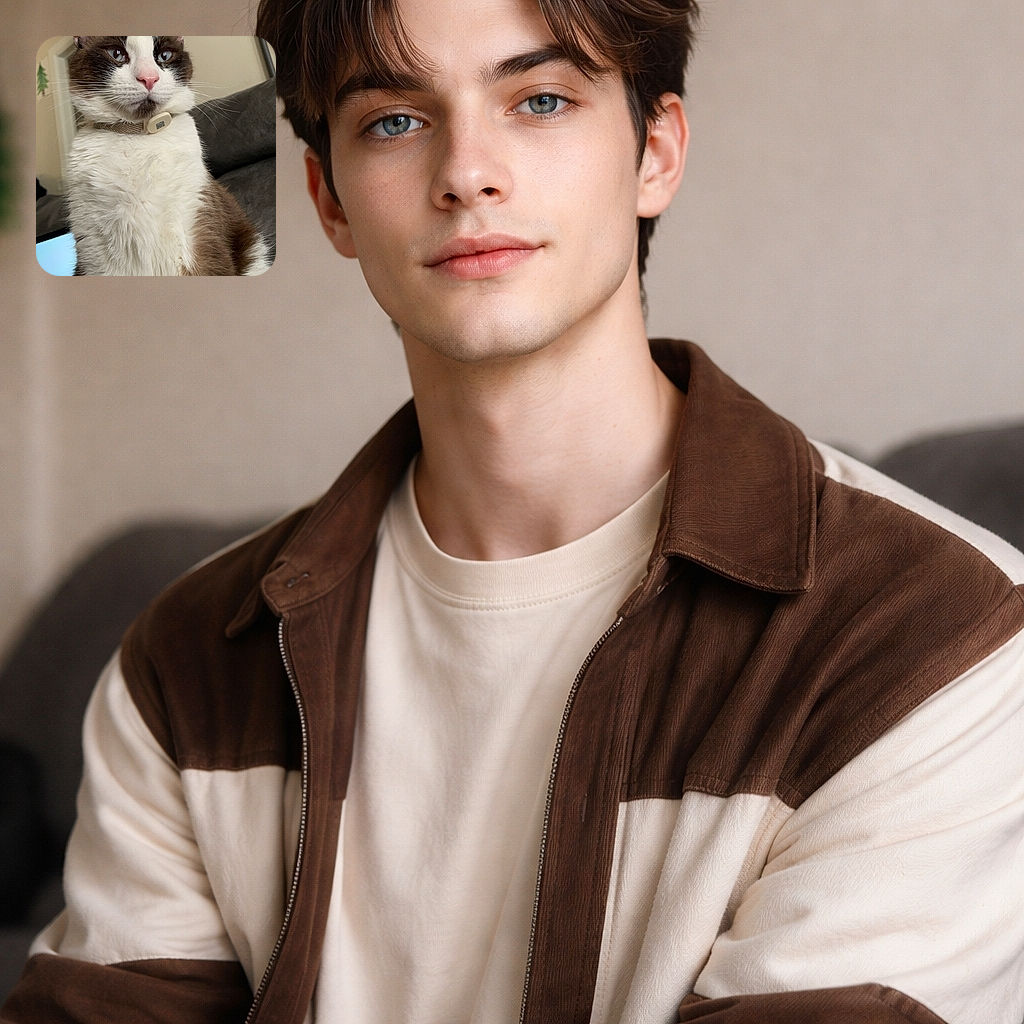 A dignified tuxedo-faced cat stares down the camera like a tiny aristocrat — pink nose, dramatic whiskers, and a beige collar tag making a cameo while a couch and a laptop peek in the background. Regal fluff and unimpressed expression included.