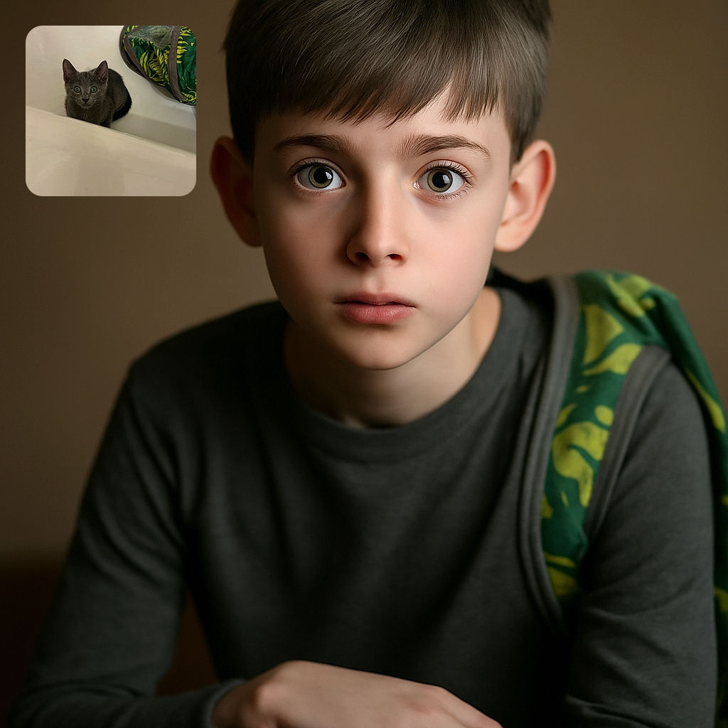 A curious little gray kitten with wide eyes is sitting in a white bathtub, staring up as if caught mid-adventure, with a colorful green and yellow fabric tunnel toy beside it.