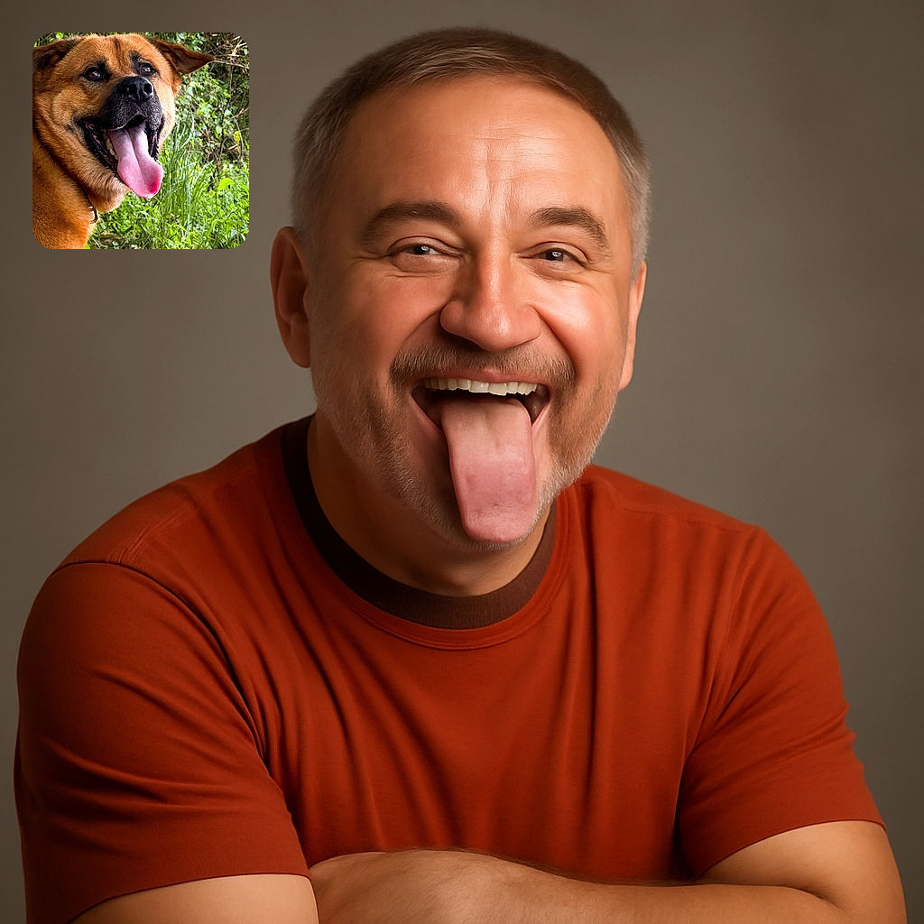 A joyful brown dog with its tongue hanging out is captured close-up in a lush green outdoor setting, looking happy and playful with sparkling eyes and a shiny black nose.