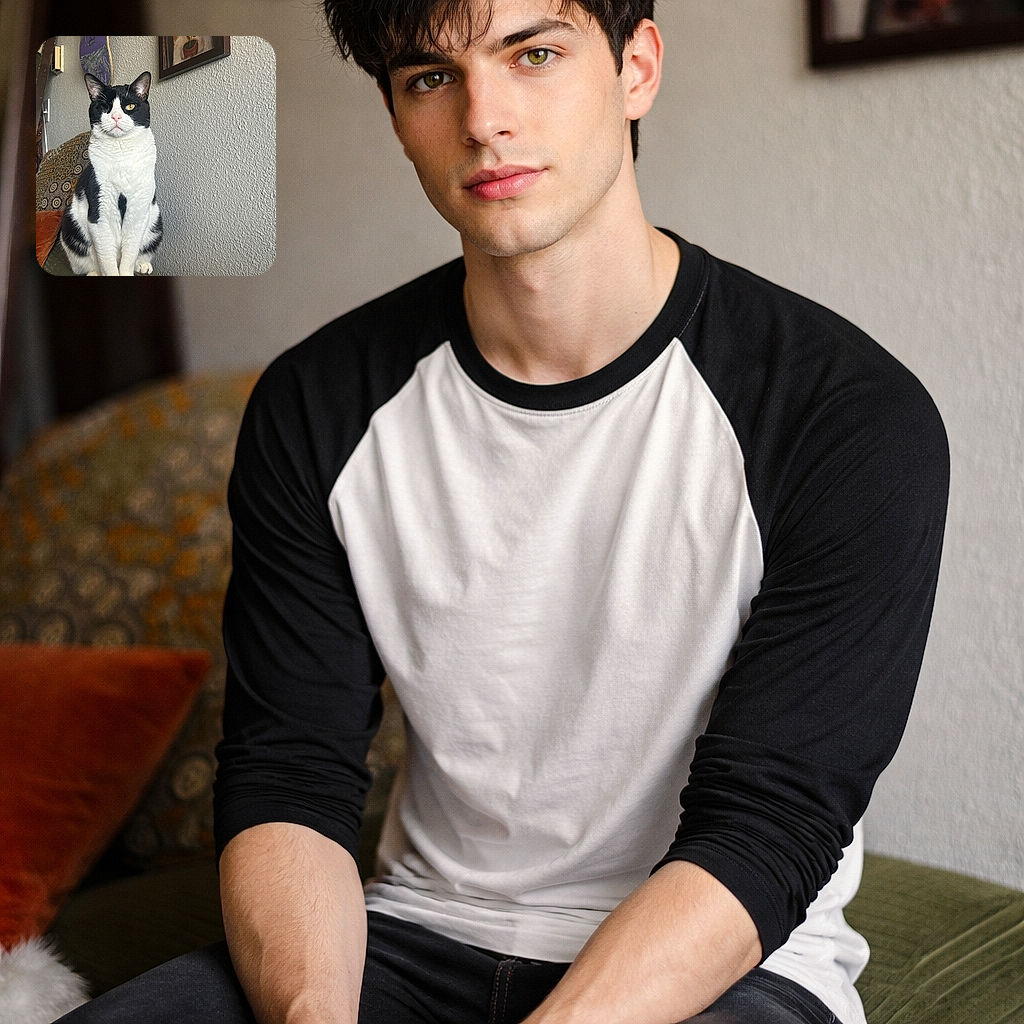 A dignified black and white cat with one eye sits regally on a textured green couch, perfectly framed by a quirky cat painting and a skateboard hanging on the wall, creating a cozy and artsy vibe.