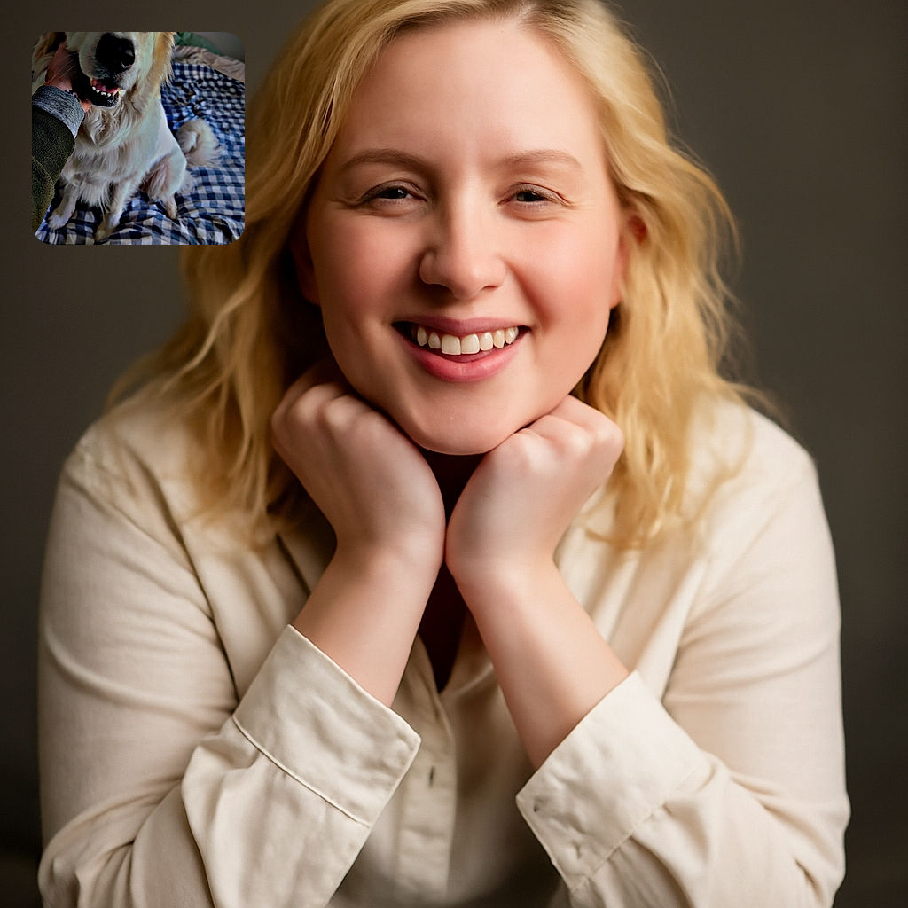 A fluffy golden retriever sits on a checkered bedspread, looking happy as a hand gently pets its cheek, capturing a candid moment of canine contentment indoors.