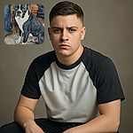 A beautifully detailed watercolor painting of a black and white dog sitting attentively on a textured floor with a brick wall and a person's legs partially visible behind it. The dog's expression is calm and focused, capturing the charm of a loyal companion in an artistic style.