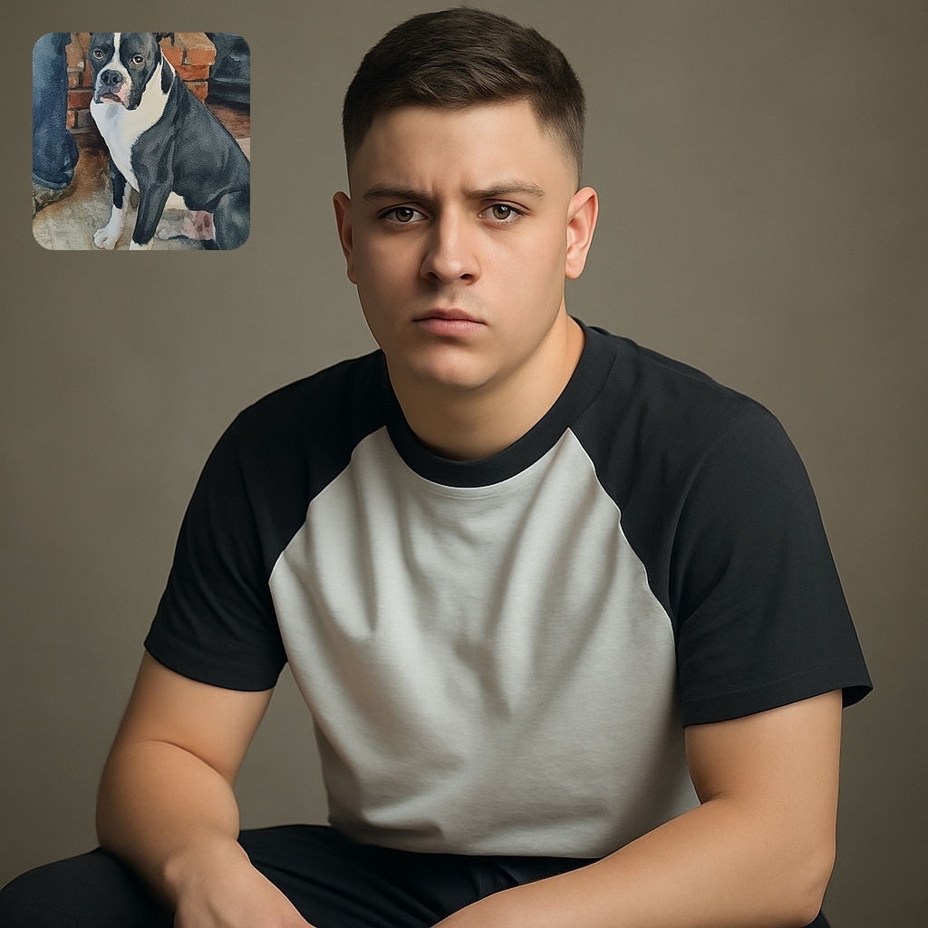 A beautifully detailed watercolor painting of a black and white dog sitting attentively on a textured floor with a brick wall and a person's legs partially visible behind it. The dog's expression is calm and focused, capturing the charm of a loyal companion in an artistic style.