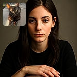 A sleek black cat lounges gracefully on a soft gray blanket, bathed in warm sunlight that highlights its shiny fur and piercing yellow eyes, with a cozy living room softly blurred in the background.