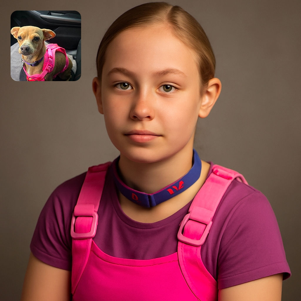 A small dog with a serious expression is sitting on a car seat, wearing a bright pink harness and a purple collar. The interior of the car is visible in the background, and the dog seems to be patiently waiting for the next adventure.