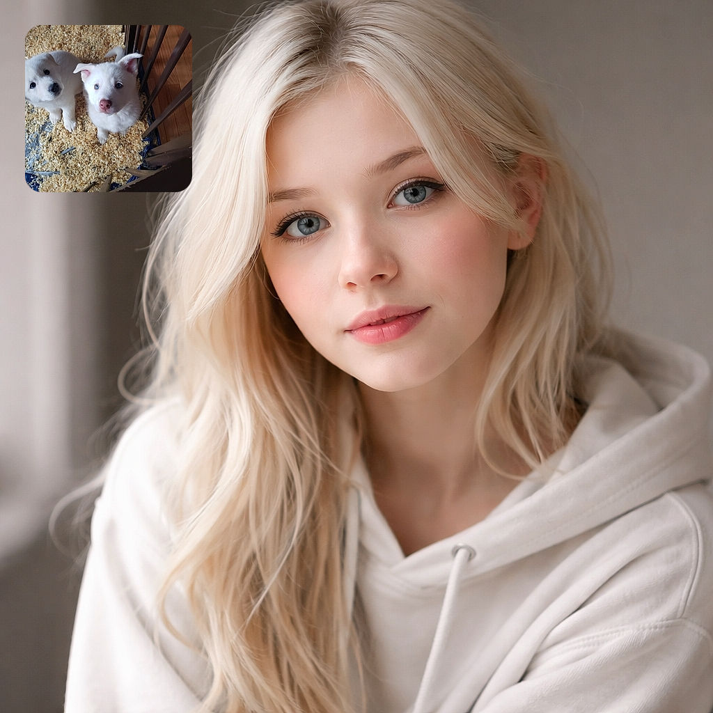 Two fluffy white puppies stare up with wide, pleading eyes from a bed of wood shavings inside a little pen — one blue-eyed pup looks like it just discovered fame, the other is plotting how to beg for treats.