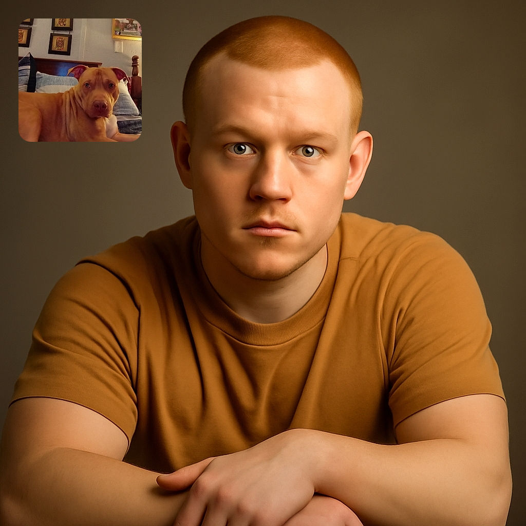 A cozy indoor photo featuring a tan dog lounging on a bed with striped pillows, framed by wall art and a bulletin board in the background. The dog gazes curiously at the camera, creating a warm and homely vibe.
