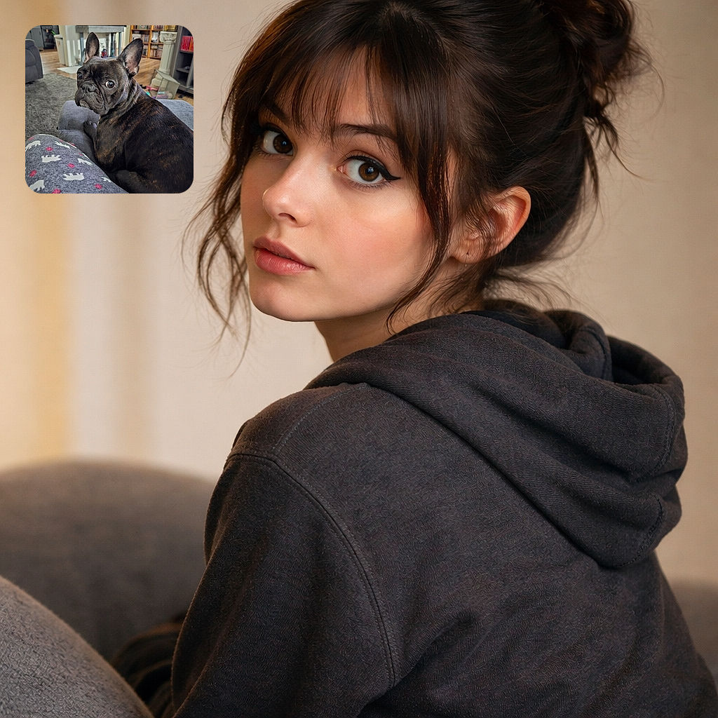 A suspiciously adorable brindle French bulldog gives the camera side-eye like it just heard you mention snacks — big bat ears up, shiny eyes locked, and a cozy human in patterned pajamas serving as the perfect couch perch.