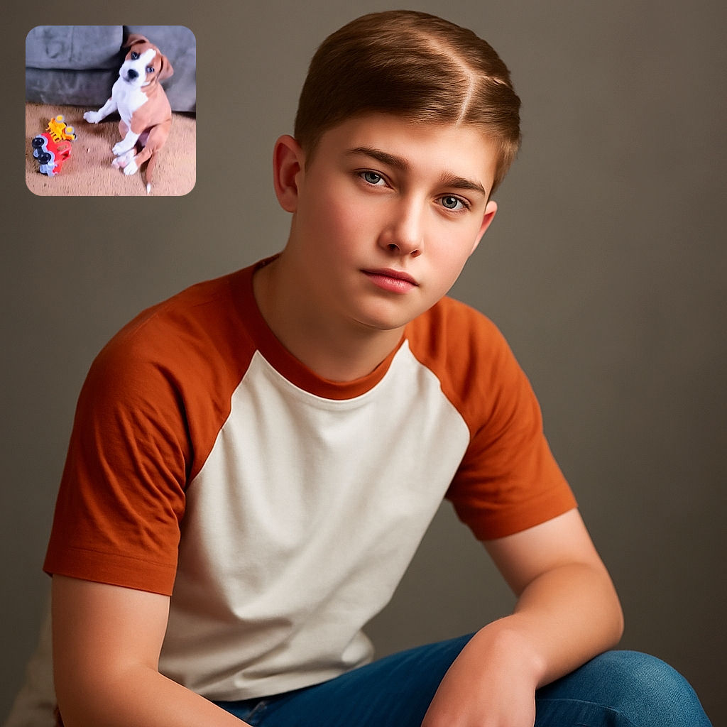 A blurry photo of an adorable brown and white puppy sitting on a carpet next to an upside-down colorful toy truck, looking curiously at the camera with a tilted head.