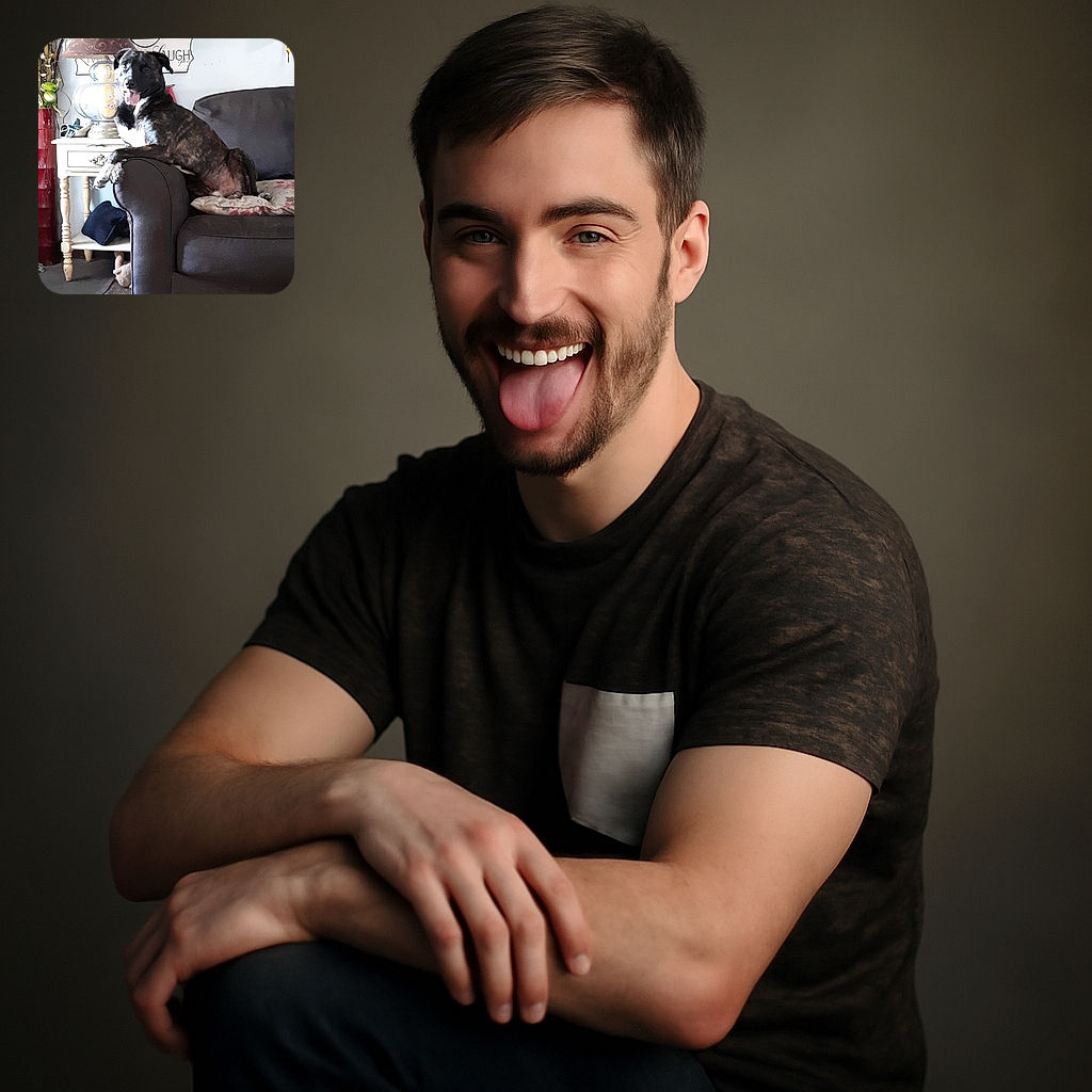 A happy dog lounges on the armrest of a cozy dark couch, tongue out and looking like it's ready for a photo shoot. The background features a vintage lamp, a small table with knick-knacks, and a wall sign that says 'Laugh often,' adding a warm and homely vibe.