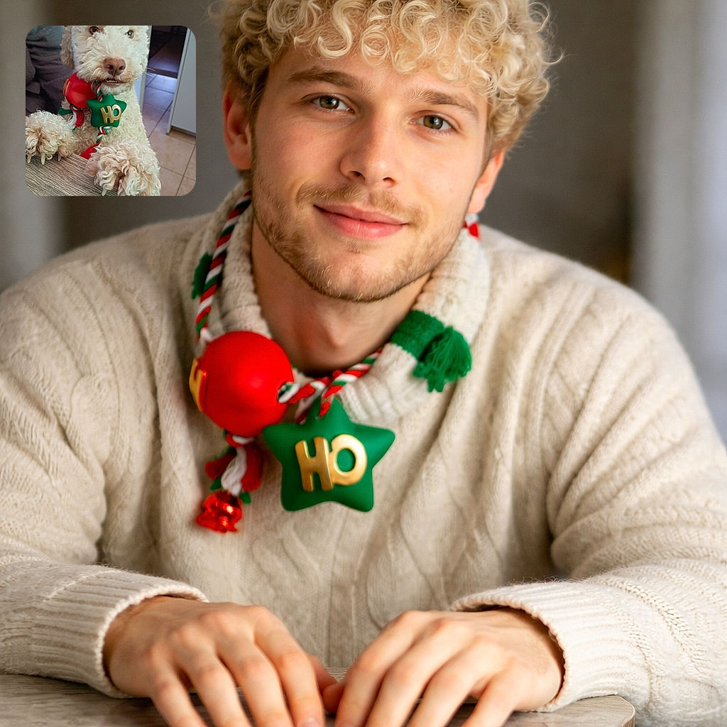 A fluffy white dog with curly fur is standing with its front paws on a table, holding a festive green star-shaped toy with 'HO' written on it in its mouth. The background shows a cozy indoor setting with a tiled floor and some furniture, adding a warm homey vibe.