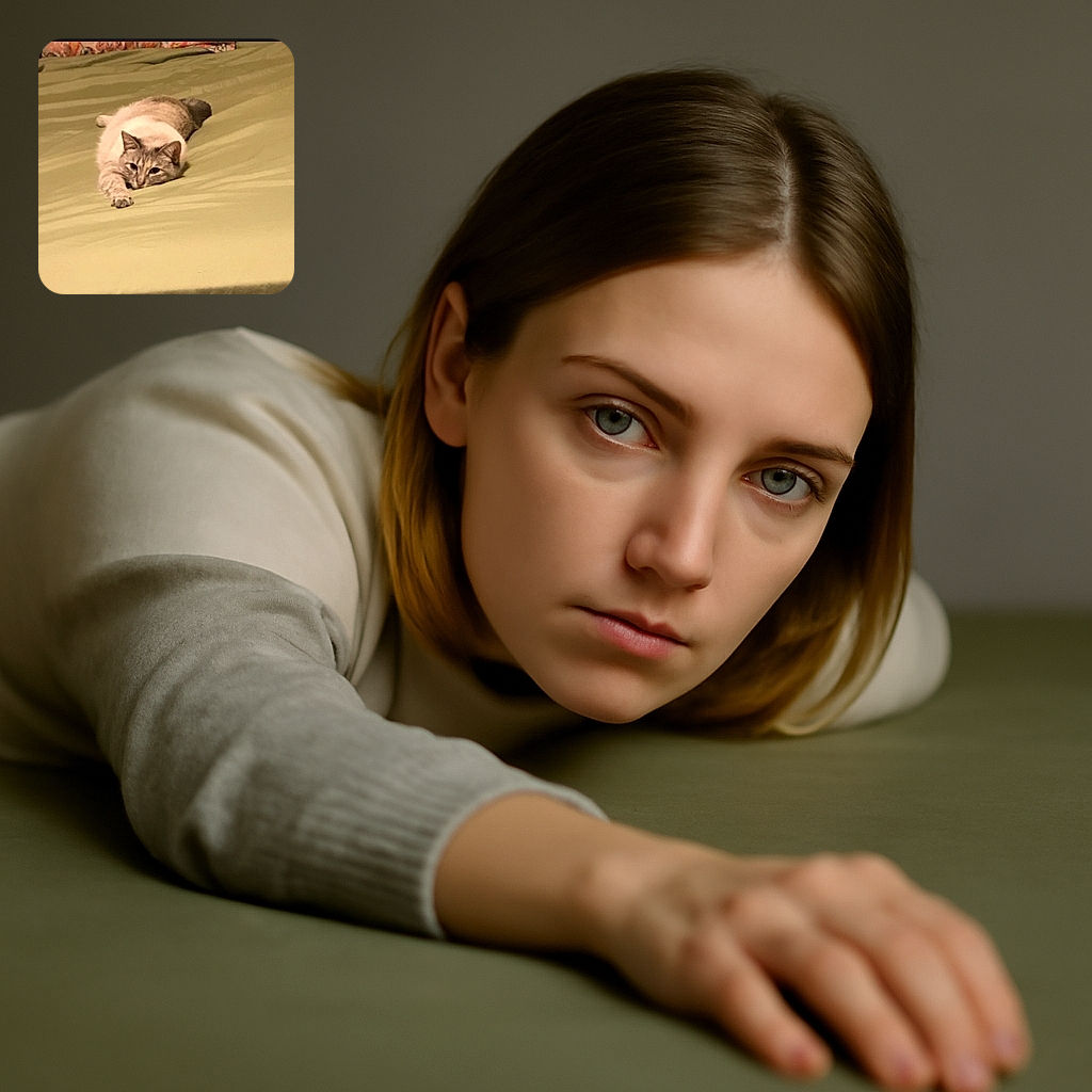 A cozy cat is stretched out on a green bedspread, looking relaxed and a bit sleepy with its paw reaching forward like it's ready for a slow-motion pounce or a gentle stretch.