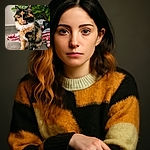 A fluffy calico cat with bright, curious eyes sits elegantly on a tiled floor next to a festive red and white blanket and a lush green potted plant, looking like it just heard the word 'treat'.