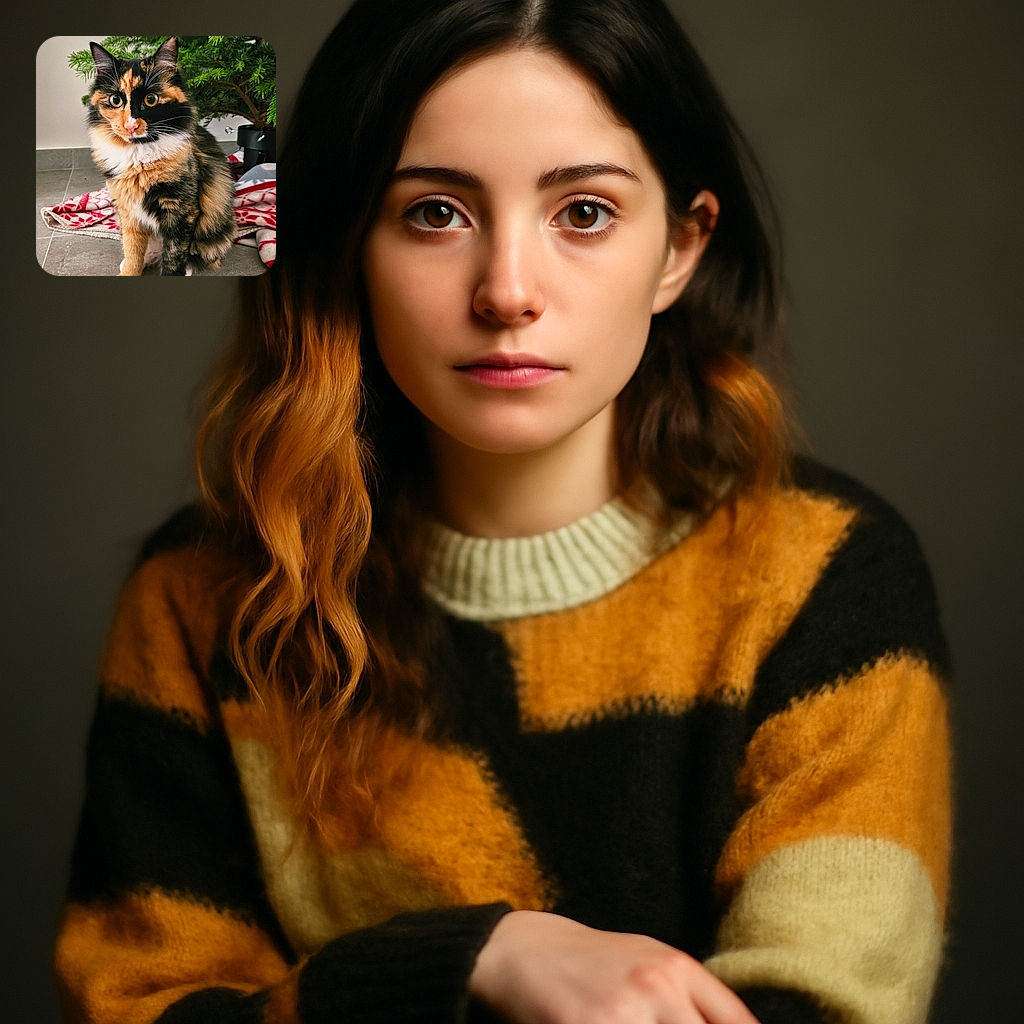 A fluffy calico cat with bright, curious eyes sits elegantly on a tiled floor next to a festive red and white blanket and a lush green potted plant, looking like it just heard the word 'treat'.
