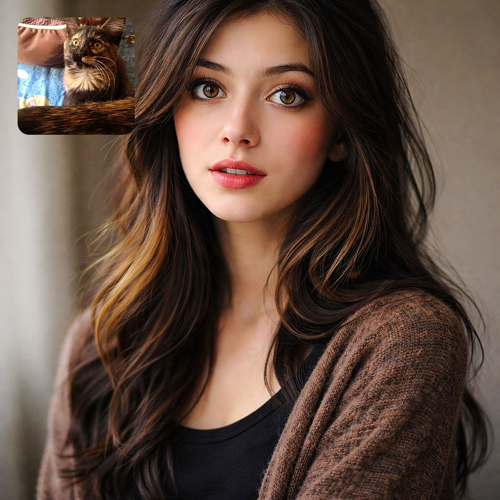 A startled tortoiseshell cat stares wide-eyed at the camera, whiskers fanned like an elegant sea urchin. The kitty sits on a rumpled blue blanket with a brown pillow behind, and a furry tail crosses the bottom of the frame as if photobombing its own portrait. Slightly soft focus gives it an accidental cozy vibe — part glamour shot, part surprise nap interruption.