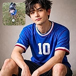 A tiny, stylish dog wearing a blue jersey with the number 10 stands alert on a patchy grassy field, eyeing a small soccer ball at its feet, ready for a mini match or perhaps just a playful moment.