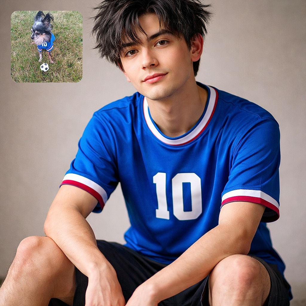 A tiny, stylish dog wearing a blue jersey with the number 10 stands alert on a patchy grassy field, eyeing a small soccer ball at its feet, ready for a mini match or perhaps just a playful moment.