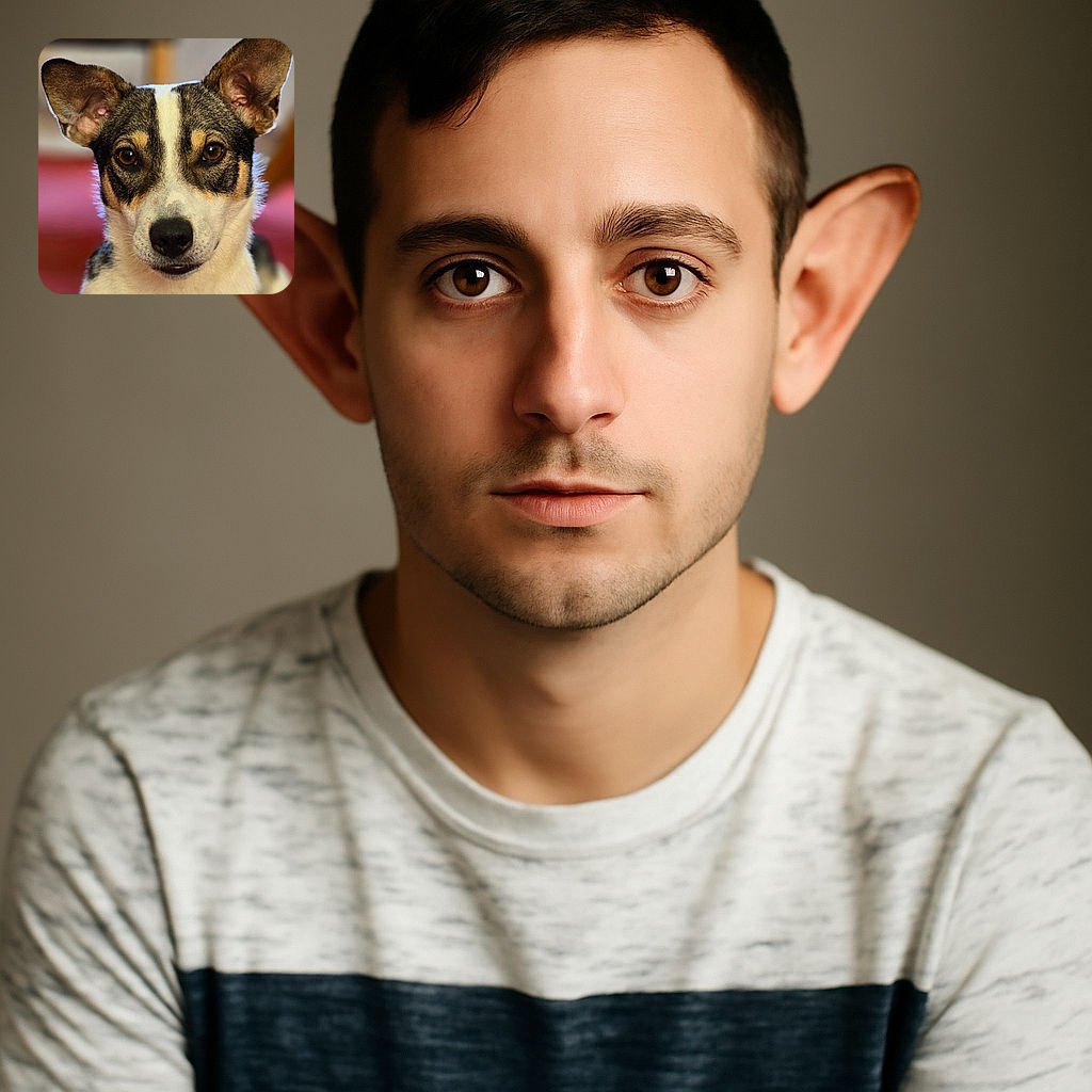 A close-up portrait of a dog with large expressive ears and warm brown eyes, staring directly into the camera with a curious and friendly expression. The background is softly blurred, highlighting the dog's detailed fur and charming face.