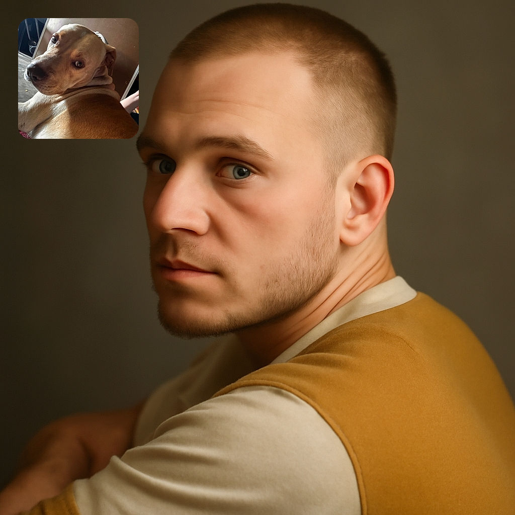A close-up shot of a light brown dog looking back over its shoulder with soulful eyes, set against a slightly cluttered indoor background with soft natural lighting.