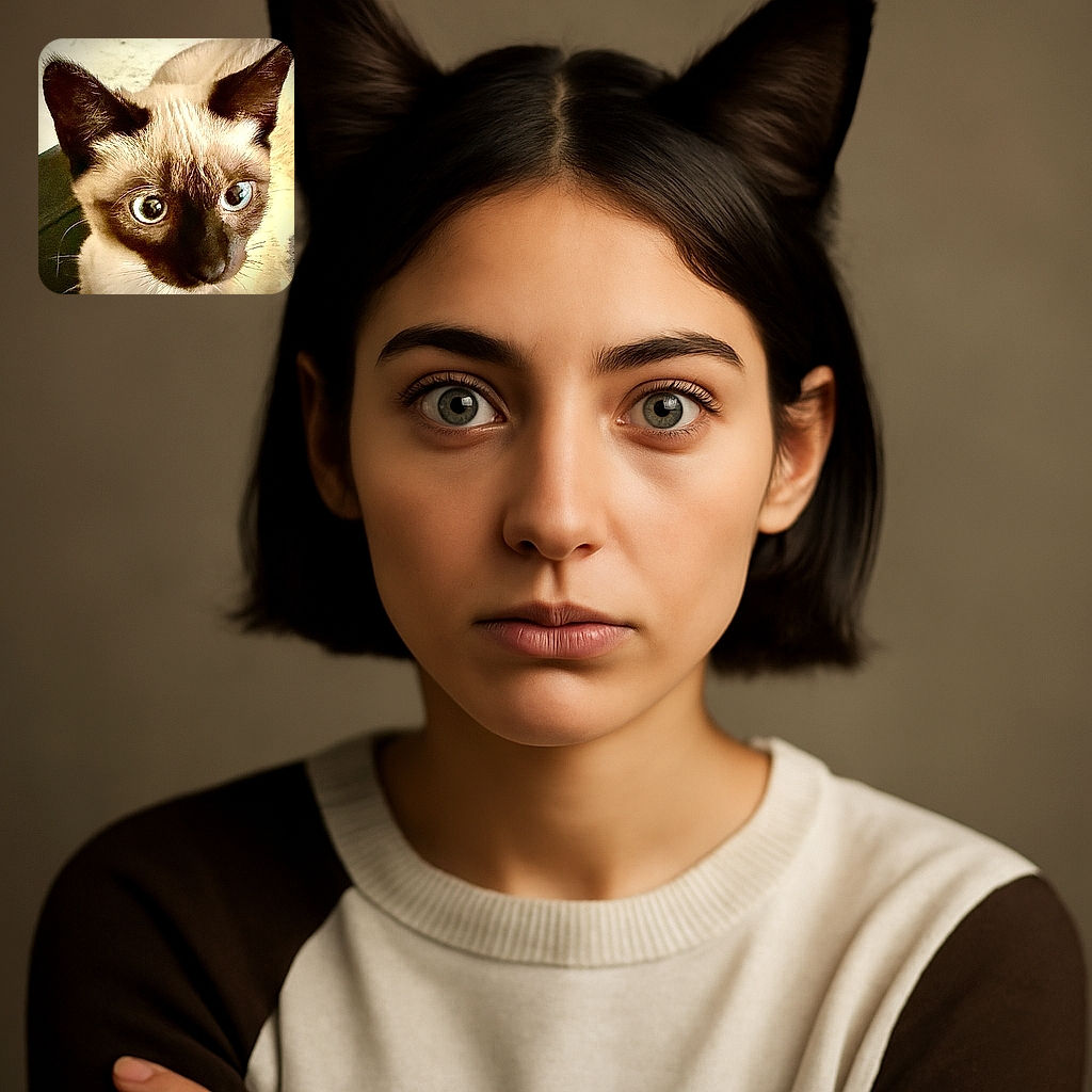 A close-up shot of a curious Siamese cat with striking blue eyes and dark facial markings, peeking intensely into the camera with an inquisitive gaze, set against a softly blurred background.