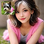 A tiny floof in a pink outfit staging a dramatic close-up on the lawn — oversized ears perked, button nose front-and-center, and a blurred backyard that makes this pup look like a miniature superhero posing for a portrait.