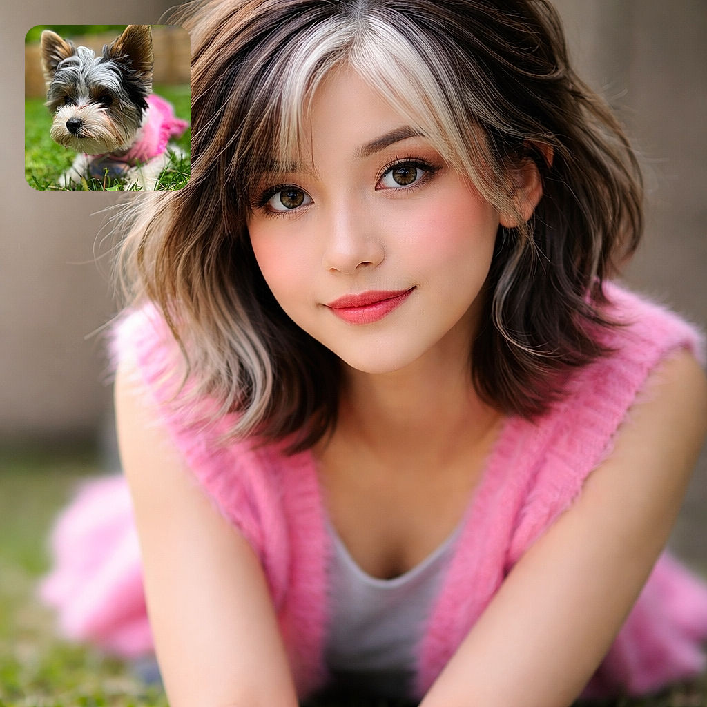 A tiny floof in a pink outfit staging a dramatic close-up on the lawn — oversized ears perked, button nose front-and-center, and a blurred backyard that makes this pup look like a miniature superhero posing for a portrait.