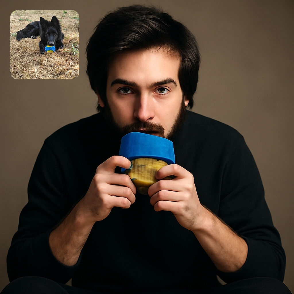 A fluffy black dog is lying on dry grass, clutching a bright blue and yellow toy in its mouth, with a curious and playful expression, surrounded by greenery in the background.