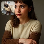 A fluffy Siamese cat lounges comfortably on a soft gray perch by a window, gazing intently outside with bright blue eyes, bathed in natural light that highlights its rich fur colors.
