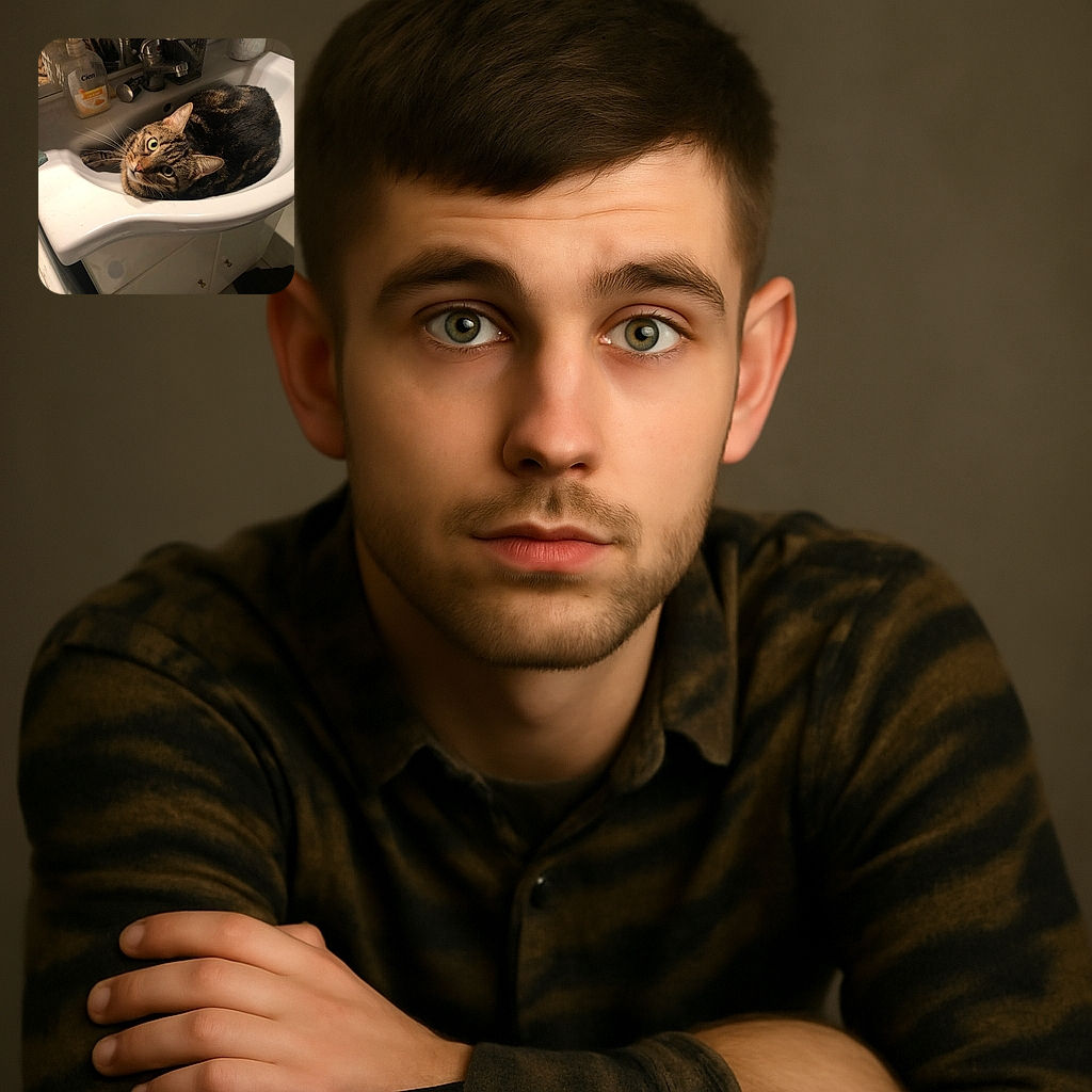 A curious tabby cat comfortably nestled in a white bathroom sink, looking up with wide, bright eyes. The scene includes a soap dispenser, a bar of soap, and a mirror reflecting part of the cat's body, creating a cozy and amusing domestic snapshot.