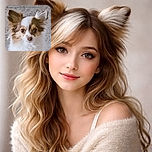 A close-up photo of a fluffy, white and brown dog with large, expressive ears and soulful eyes, standing against a textured stone background. The dog looks curious and attentive, with soft lighting highlighting its delicate fur.