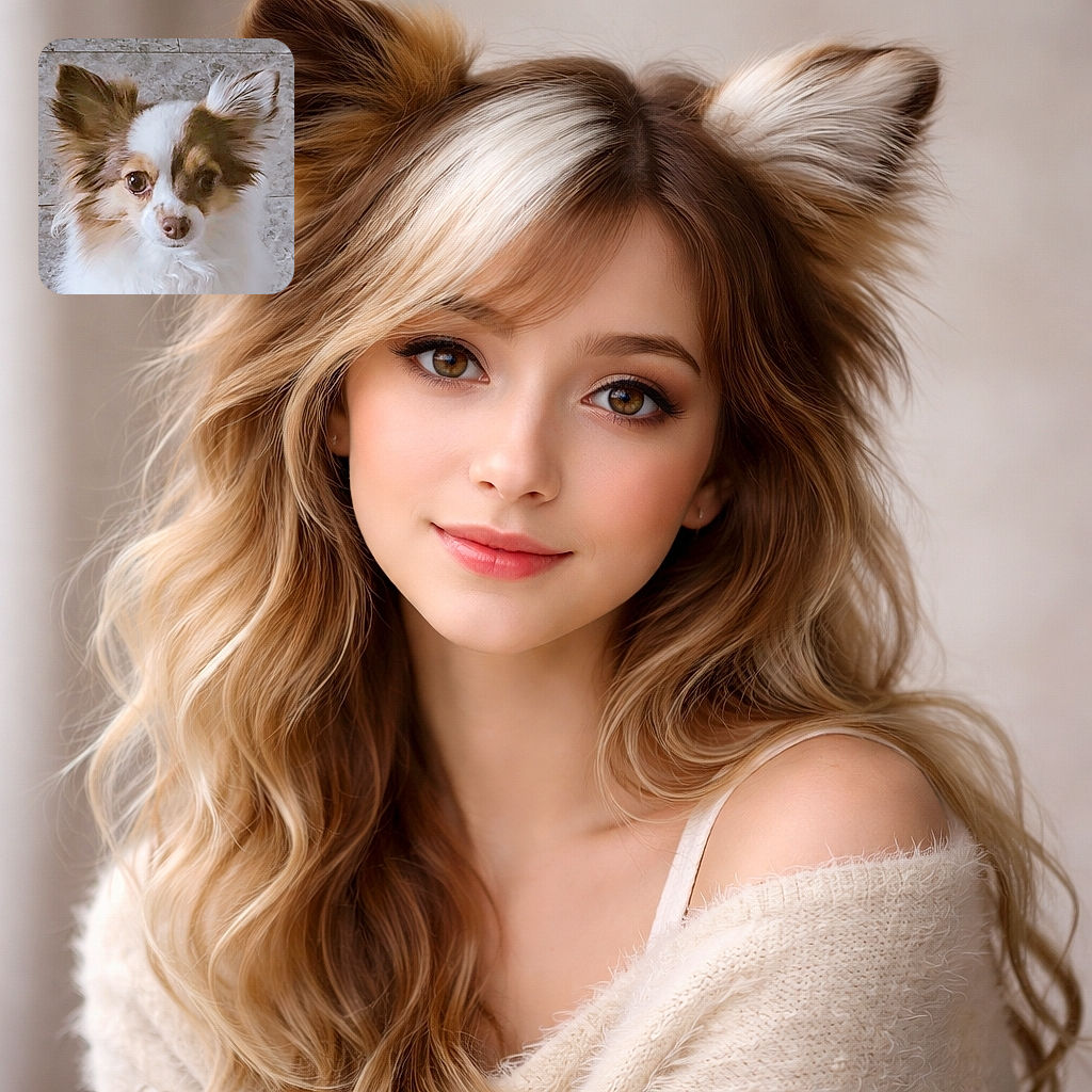 A close-up photo of a fluffy, white and brown dog with large, expressive ears and soulful eyes, standing against a textured stone background. The dog looks curious and attentive, with soft lighting highlighting its delicate fur.