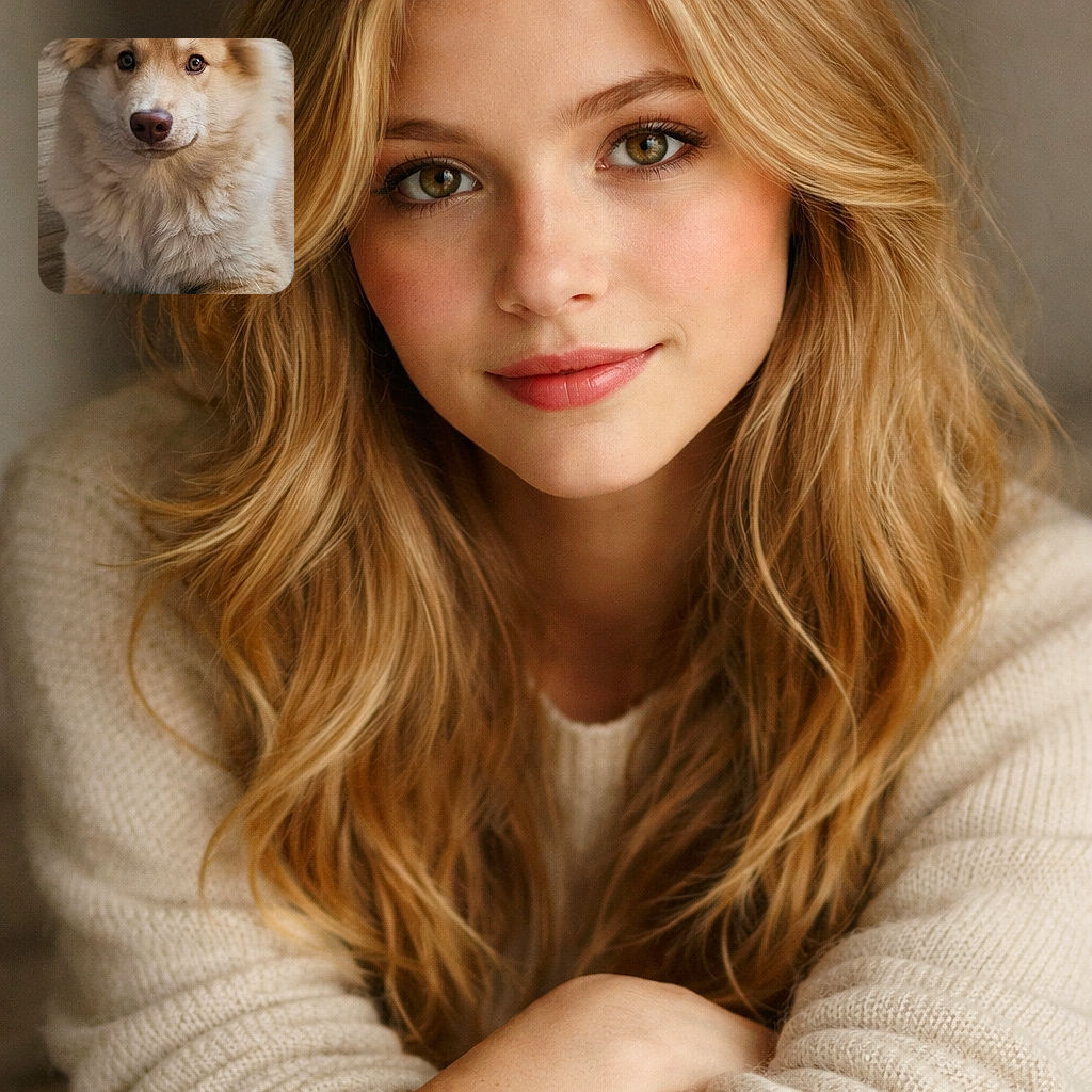 A fluffy tan pup striking a smug, regal pose — ears like little velvet flags, nose centered like the dot of a masterpiece, and a smug smile that says "this is my throne." Cozy blanket and wood floor complete the domestic royalty vibe.