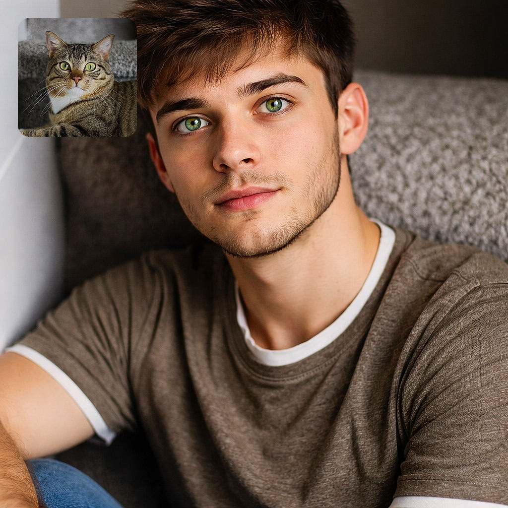 A curious tabby cat with striking green eyes lounges on a carpeted staircase, staring intently as if plotting its next playful adventure.