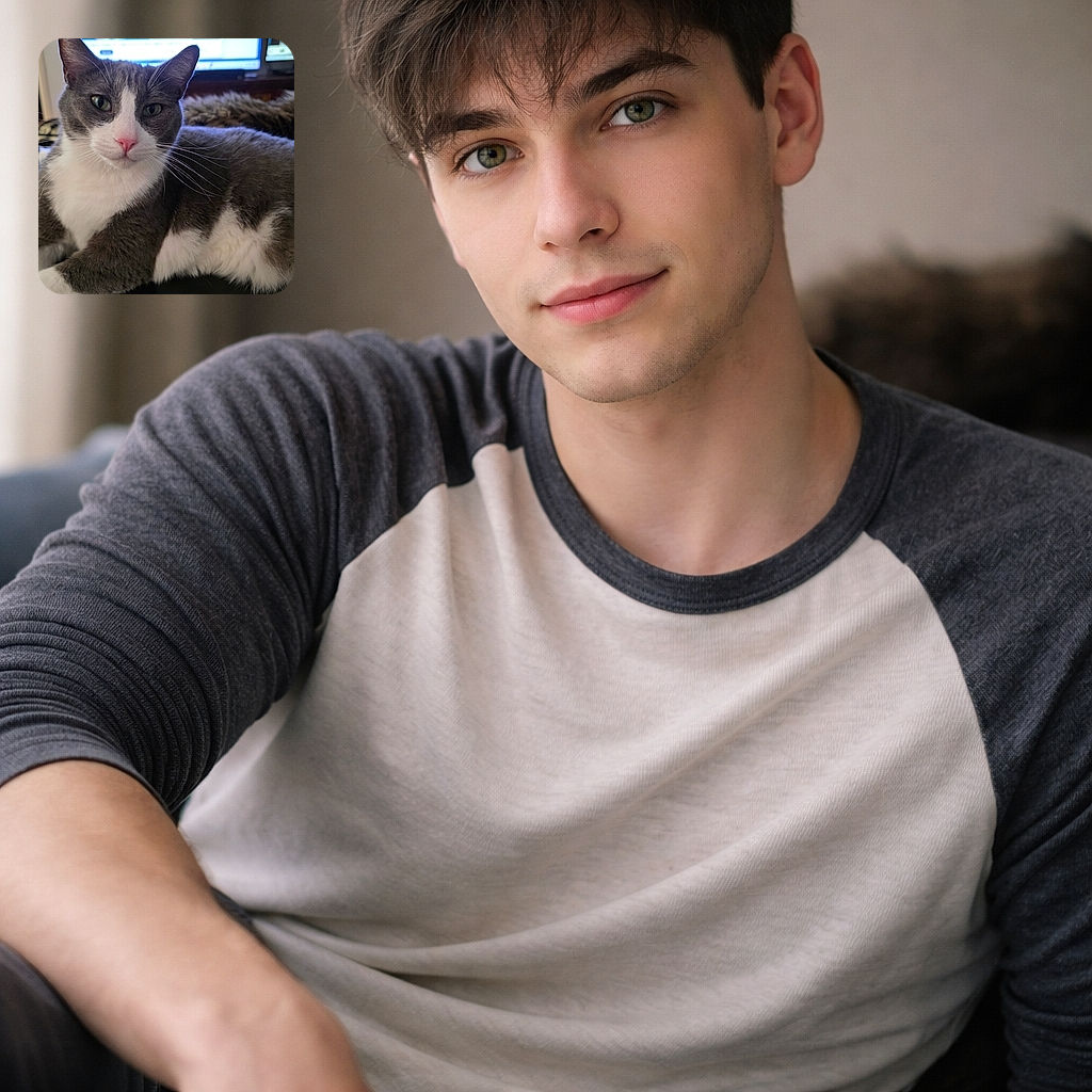 A regal gray-and-white cat stares into the camera with a pink nose and perfect whiskers while a fluffy companion photobombs the background — duo of couch kings conducting a very important nap meeting.