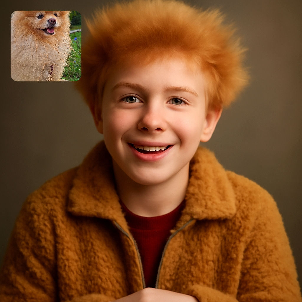 A fluffy Pomeranian dog with a wildly curly and voluminous coat sits happily on a rock outdoors, tongue out and eyes sparkling, surrounded by greenery and a bright sky.