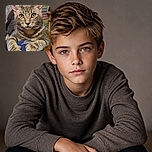 A wide-eyed tabby cat sits proudly on someone’s lap with its enormous paws stretched forward, looking like it has just been promoted to captain of the cuddle ship. The colorful striped background adds a playful indoor setting, while a small circular interface icon appears near the bottom.