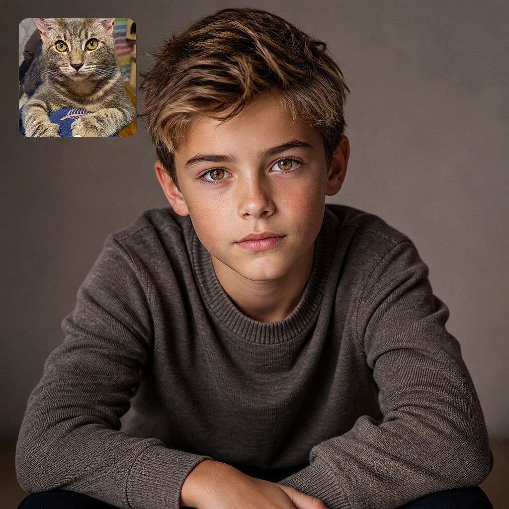 A wide-eyed tabby cat sits proudly on someone’s lap with its enormous paws stretched forward, looking like it has just been promoted to captain of the cuddle ship. The colorful striped background adds a playful indoor setting, while a small circular interface icon appears near the bottom.