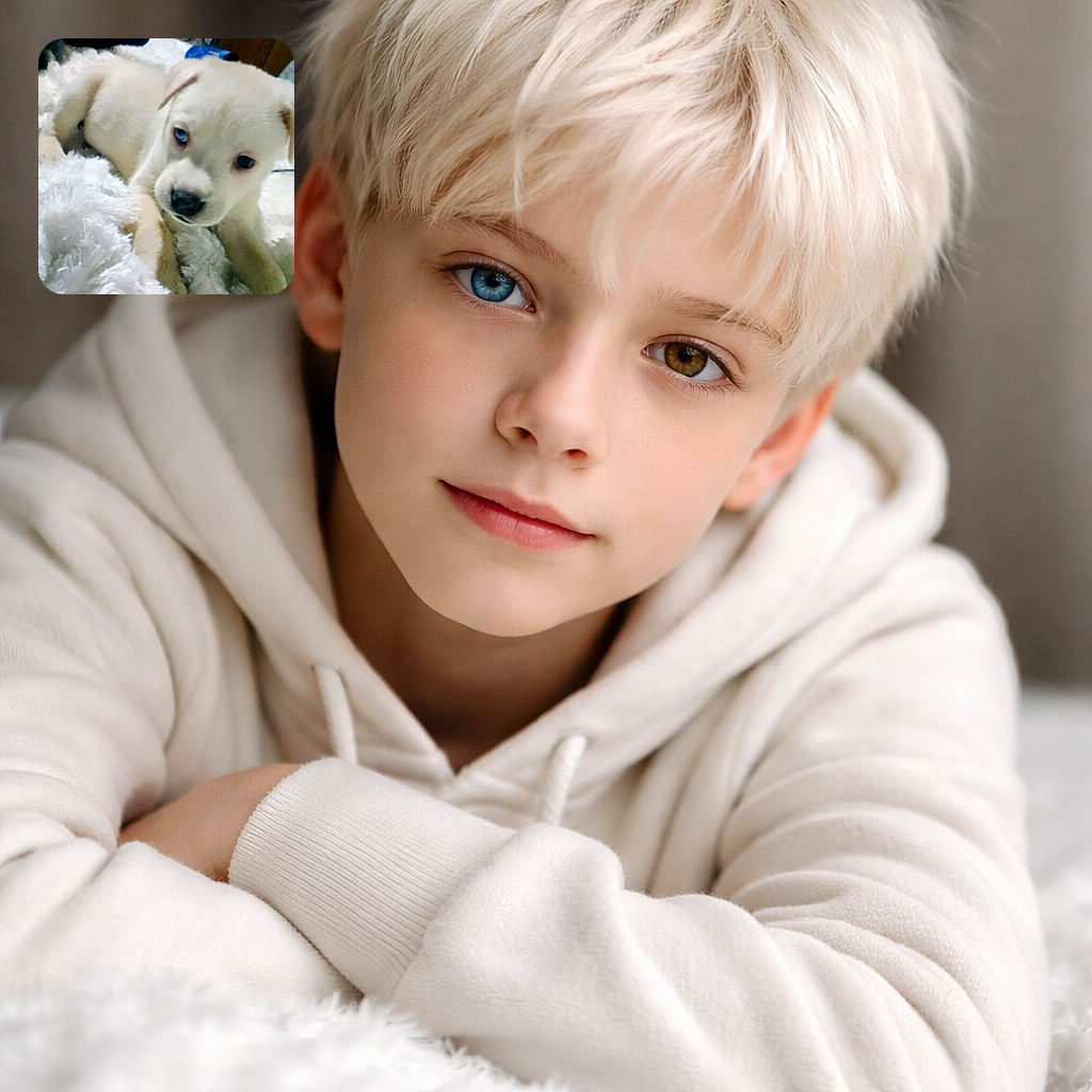 A squishy cream puppy with one startling blue eye lounges on a fluffy white blanket like it owns the bed and the camera — looks part sleepy, part suspicious that the photographer might be hiding a snack. Bedroom furniture and a TV sit blurred in the background, making the pup the undeniable star of this cozy chaos.