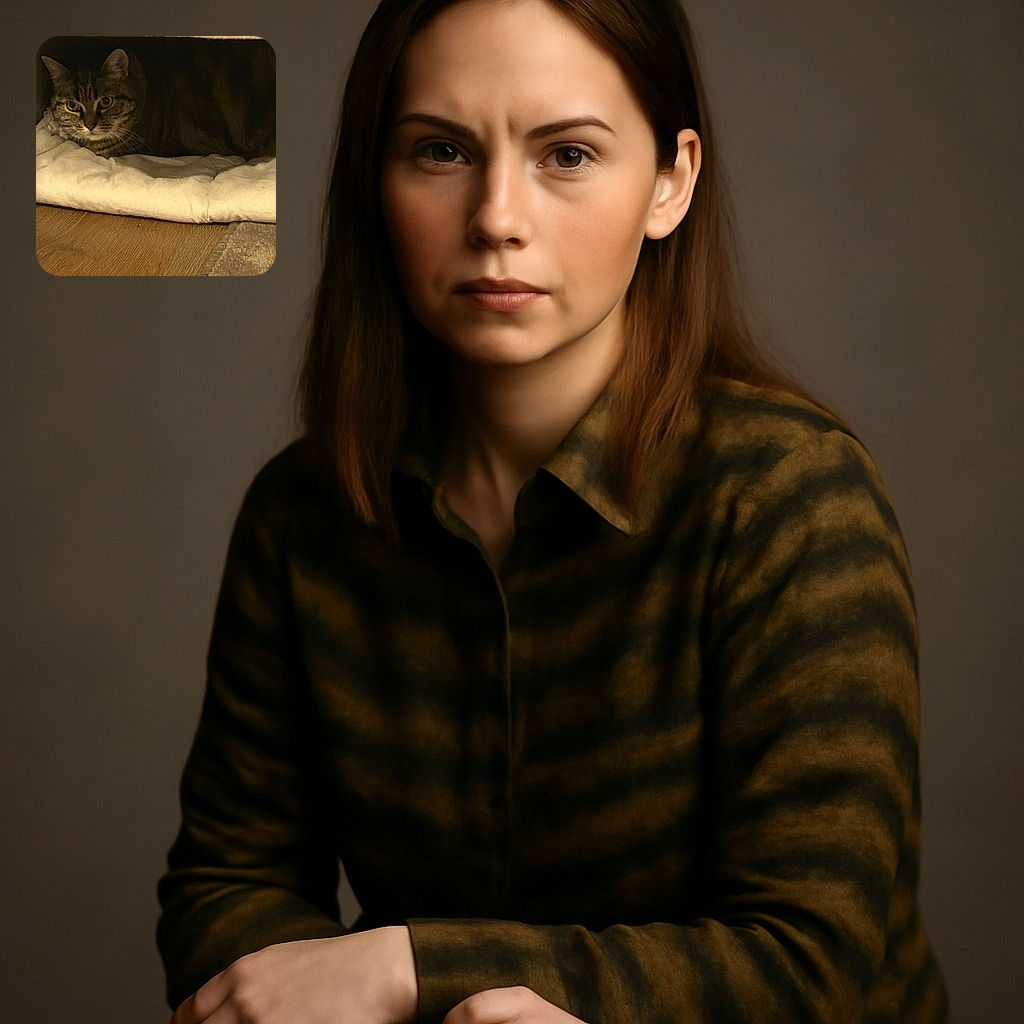 A cozy tabby cat nestled on a soft cream cushion under a wooden structure, peering out with curious eyes in a warmly lit room with wooden flooring and a carpet edge visible.
