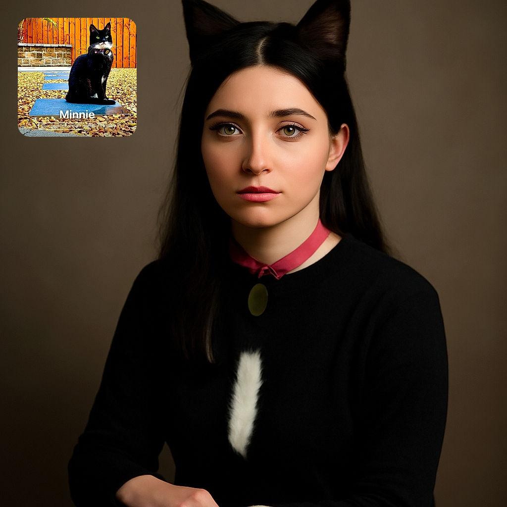 A sleek black and white cat named Minnie sits majestically on a blue stepping stone surrounded by a bed of pebbles, with a warm wooden fence and a small palm tree in the background. The cat's green eyes are striking against its dark fur, and it wears a collar with a bell and tag. The photo has a bright and vibrant outdoor setting with a clear focus on the poised feline.