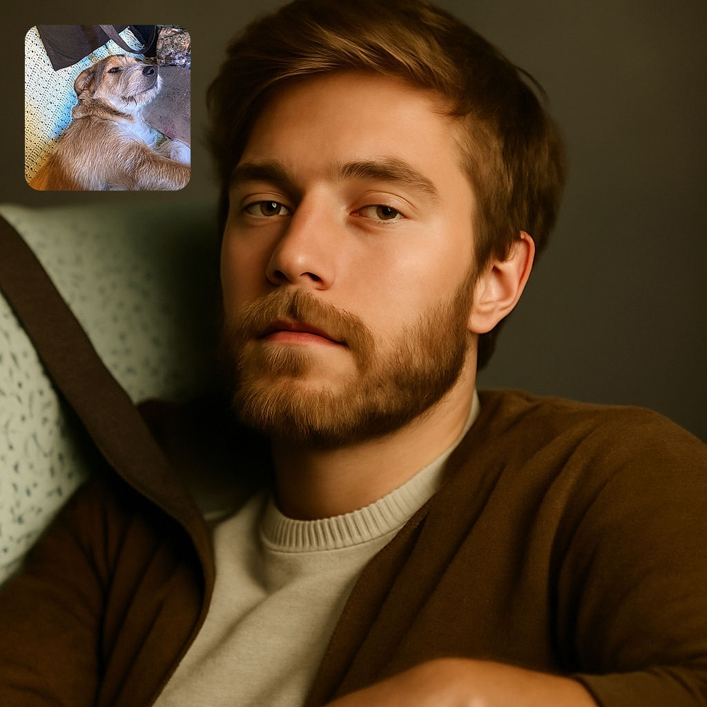 A cozy dog lounges on a knitted blanket surrounded by bags and fabric, looking relaxed and slightly amused as if caught mid-nap in a comfy corner of the house.
