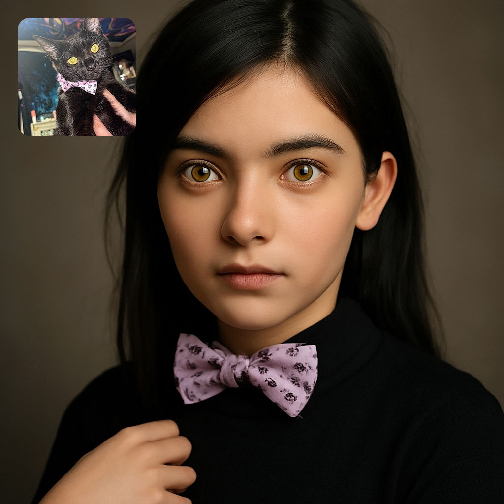A close-up photo of a sleek black cat with glowing yellow eyes, wearing a pink bow tie with skull patterns. The cat is being held up by a pair of hands, and the background is a colorful, slightly blurred room with posters and various objects, giving an artsy vibe.
