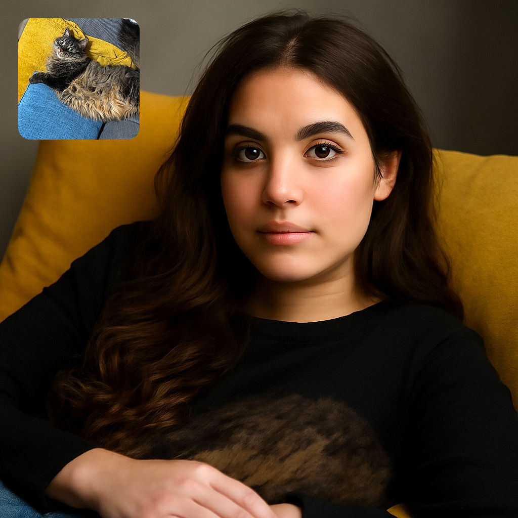 A fluffy tabby cat lounges comfortably on a couch adorned with colorful cushions, looking curiously at the camera with wide, bright eyes that sparkle like tiny emeralds.